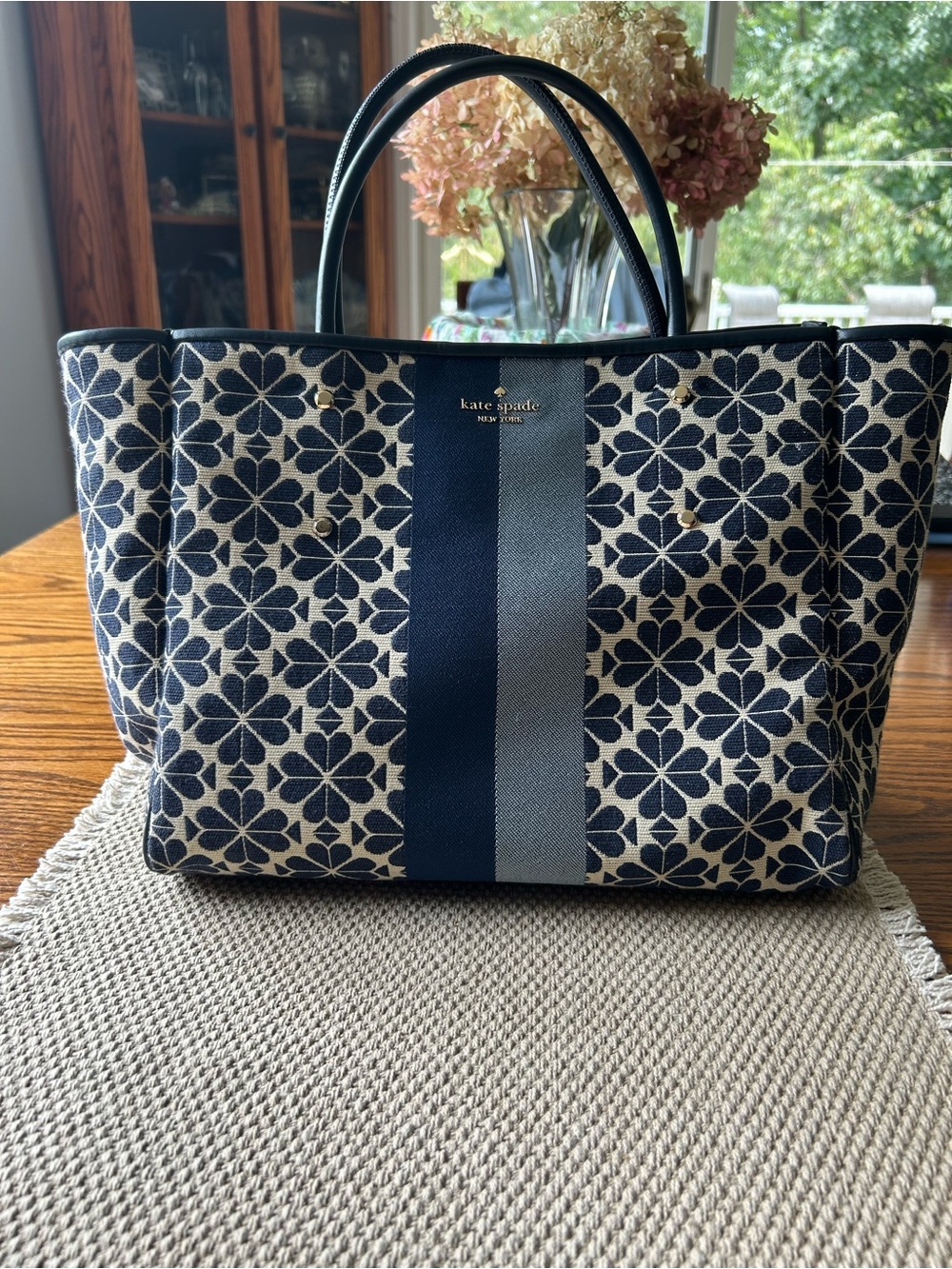 kate spade Navy and Cream Floral Stripe Tote